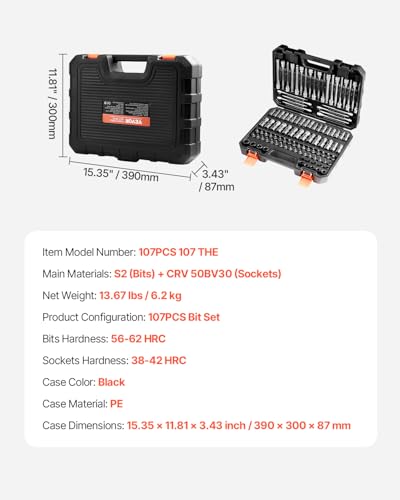 Image of VEVOR Bit Socket Set, 107-Piece SAE and Metric, Hex /Torx /External Torx /Tamper-Proof /Extra Long, S2 Alloy Steel and Cr-V Steel, 1 /4 in, 3 /8 in, and 1 /2 in Drives, with Enhanced Storage Case, Hand Use