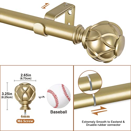 Kamanina Bundle Of 72-144 Inches (6-12 Feet) Curtain Rod And Matched Brackets, Netted Texture Finials, Warm Gold #TOP3