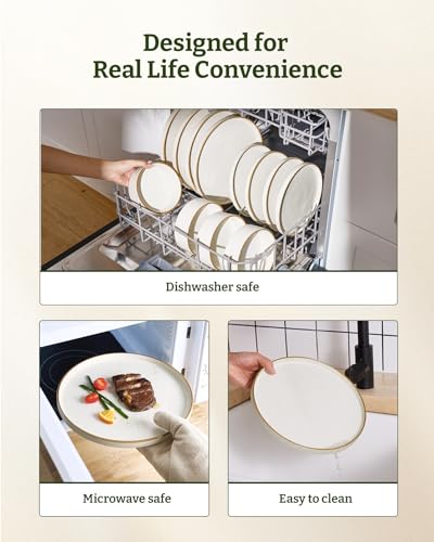 Image of Famiware Nebula Plates and Bowls Sets, 18 Pieces Stoneware Dinnerware Sets, Reactive Glaze Dish Set, Dishes Set for 6, Matte Beige White with Brown Rim