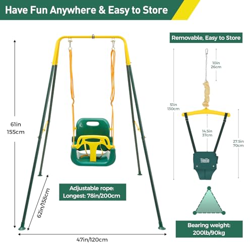 Image of FUNLIO 2 in 1 Swing Set for Toddler & Baby Jumper, Heavy Duty Kids Swing & Bouncer with 4 Sandbags, Foldable Metal Stand for Indoor /Outdoor Play, Easy to Assemble and Store - Green