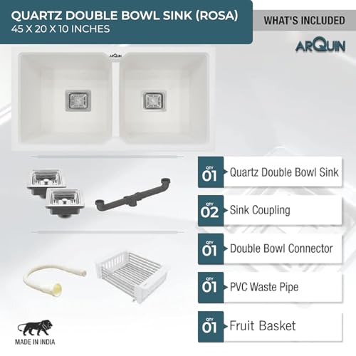 Image of ARQUIN Double Bowl Quartz Kitchen Sink 45x20x9 Inch Rosa | Durable & Scratch-Resistant Sink | Undermount,Topmount | Including Coupling,Sink Connector,Waste Pipe & Fruit Washing Basket