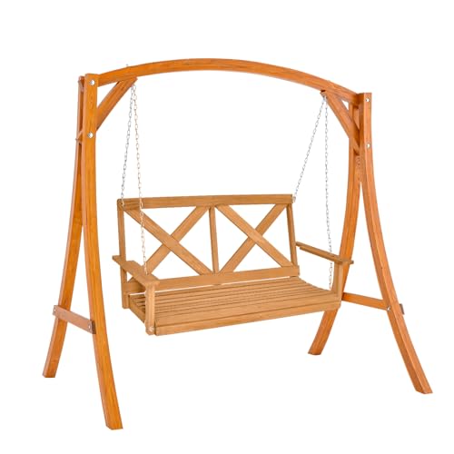COSTWAY 2 Seater Garden Swing Chair Set, Solid Wood Patio Swing Bench Loveseat Chair with Stand Frame, Outdoor Porch Hanging Swing Seat and Stand for Patio, Garden and Backyard(Swing Chair+Frame)