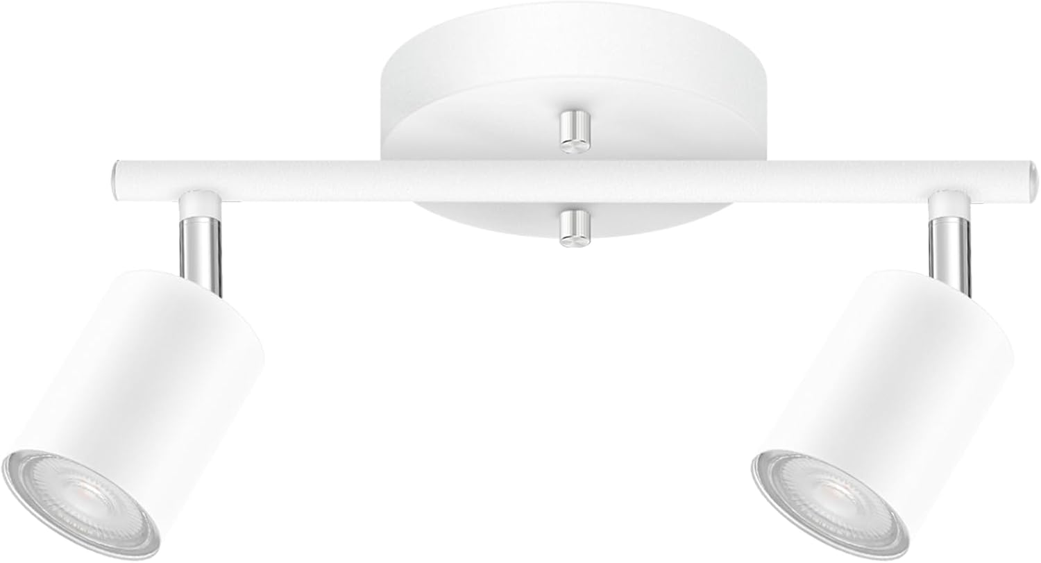 Track Lighting Fixture Ceiling White, Modern LED Track Lights Kit, 2 Lights Ceiling Lighting for Kitchen, Rotatable Spotlight Heads, Wall Mount Spot Lighting for Island/Bedroom(GU10 Socket, NO Bulb)