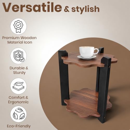 Image of Modern Round Side Table, Home Decor for Living Room, Bed Side Tables for Bed Room, stools for Home, Furniture for Home, 2-Tier White Shelves, 30 x 30 x 40 cm (Flower Brown Top)
