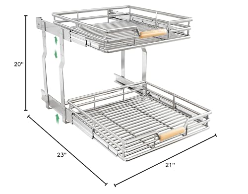 Image of Pull out Cabinet Organizer, 2 Tiers 23 inchW X 21 inchD, Heavy Duty Smooth Sliding Under Cabinet Shelves for Pots and Pans, Full-Extension Roll out Drawers, Slide out Organization for Home Kitchen Pantry