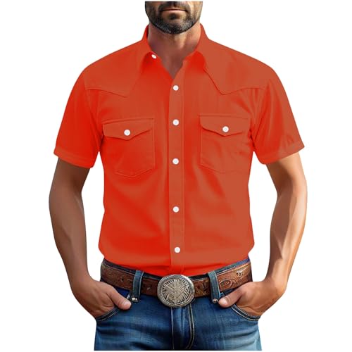 Mens Western Shirts Short Sleeve Button Up Pearl Snap Shirt Casual Summer Work Cowboy Shirt Lightweight Linen Clothes - Main Image