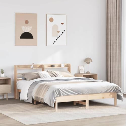 Teenpull Cama de madera maciza de pino de 135 x 190 cm, marco de cama estable con estantes para cabecero, diseño de plataforma, muebles de dormitorio sin colchón, para un sueño reparador y un práctico