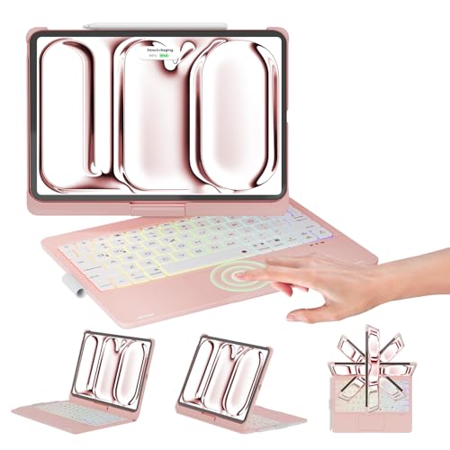 NOKBABO for ipad pro M4 11 inch case with Keyboard 2024,Rainbow Backlight, Built-in Trackpad, 360°Rotatable & Pencil Holder, Compatible with ipad pro 11 m4 Keyboard case - Bright Pink