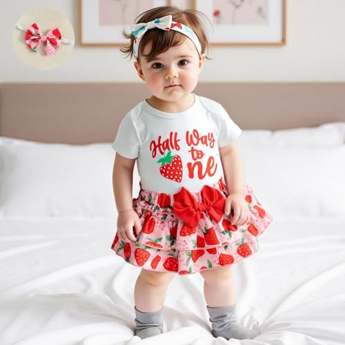 Baby Girl Birthday Outfit 1/2 Half Way To One Short Sleeve Watermelon Romper Ruffle Bloomer Skirt Set Summer Clothes2