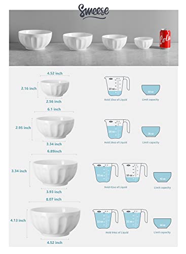 Sweese 129.401 Porcelain Serving Bowls For Entertaining 64-42-26-10 Ounce Various Size Nesting Fluted Bowl Set For Salad Soup - Set Of 4, White #TOP1