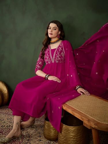 Image of SheWill Kurta Set for Women - Maroon Velvet Zari Sequence Cording Embroidered Kurta with Pant and Cutwork Organza Dupatta