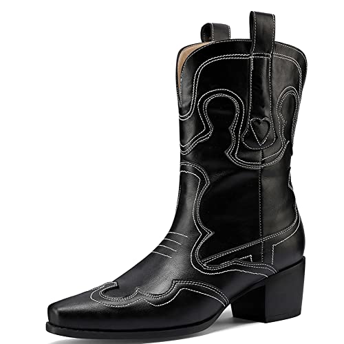 Image of Womens Embroidered Cowgirl Boots Pull On Cowboy Boots for Women Floral Low Chunky Heel Western Boots