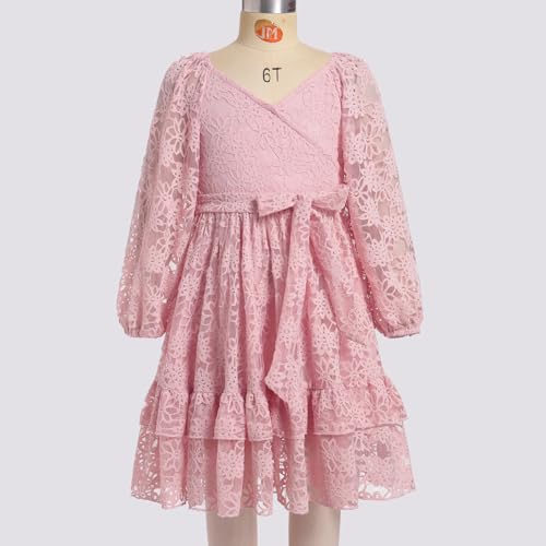 AWIBMK Mommy and Me V Neck Floral Lace Ruffle Long Dress Long Lantern Sleeve Fall Winter Mom Daughter Outfits with Belt3