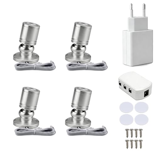 Klein LED Scheinwerfer LED Spotlichter für den Innenbereich Schranklicht Bilderlichter Akzentlichter 360° Schwenkbar Aluminium Mini led spot für Schrank, Flur, Galerien (4 Stück-Warmweiß-Silber)