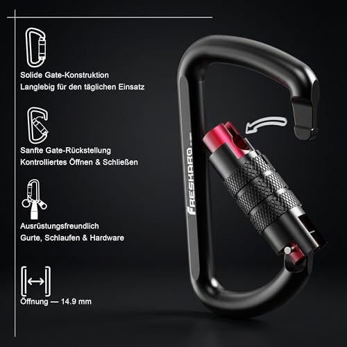 FresKaro Karabiner Schwarz, mit Drehsicherung, 12kN-1224kg Twist Lock, Aluminium, Ultraleicht Belastbar, Autolock, Schnellverschluss Karabina für Hängematte, Schlüssel, Hundeleine, 2 Stück
