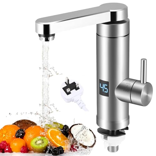 Instant Hot Water Tap, 220V 3000W Stainless Steel Electric Hot and Cold Mixer Water Faucet 360 Degrees Rotate with LED Digital Display, Adjustable Temperature Electric Heating Tap for Kitchen Bathroom