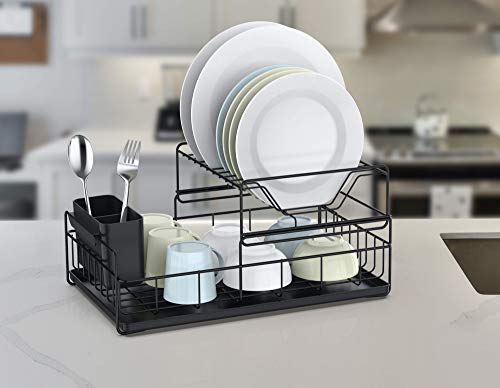 Image of SEVVY 2-Tier Iron Small Dish Rack For Kitchen With Utensils & Cutlery Holder And Drain Rack Kitchen Shelves - Small - 43X28Cm - Black