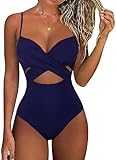 Hilor Women's Sexy V Neck Swimsuit Crisscross Cut Out Swimwear Vintage Retro Push Up One Piece Bathing Suits 8 Navy Blue