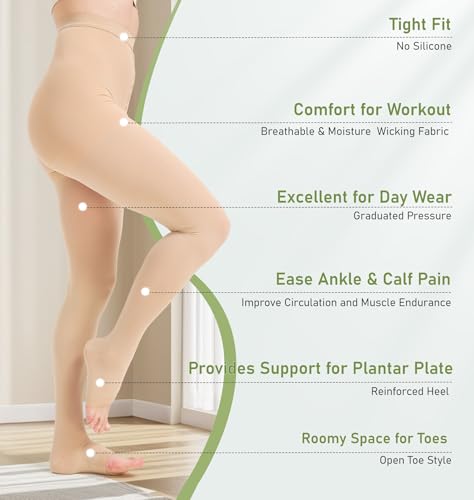 Image of KEKING Medical Compression Pantyhose for Women & Men, Comfort 15-20 mmHg Graduated Compression Support Stockings, Open Toe Compression Tights for Varicose Veins, Edema, Flight, Beige XL