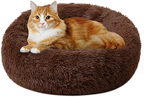 DanceWhale Round Plush Cat Dog Bed, Calming Donut Cuddler Washable Pet Bed Super Soft and Fluffy Puppy Cushion Mat for Warm Sleeping (50cm, Grey)