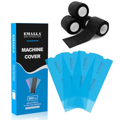Combo Protettiva - Include 200 pezzi di copripenne tattoo (6,3 x 18 cm) e 4 rotoli di grip tape (5 x 4,5 m). Le coperture proteggono la tua macchina durante l'uso, mentre i grip tape offrono una maggiore stabilità