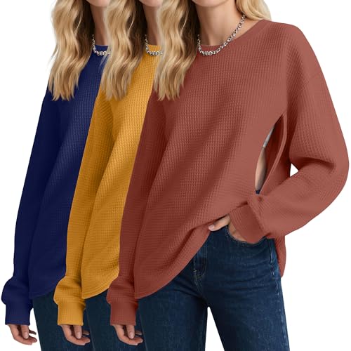 Oakgarden 3 Pack Women's Oversized Nursing Tops, Waffle Knit Breastfeeding Zipper Sweatshirt Long Sleeve Maternity Shirts(Caramel, Ginger Yellow, Dark Blue,Medium)