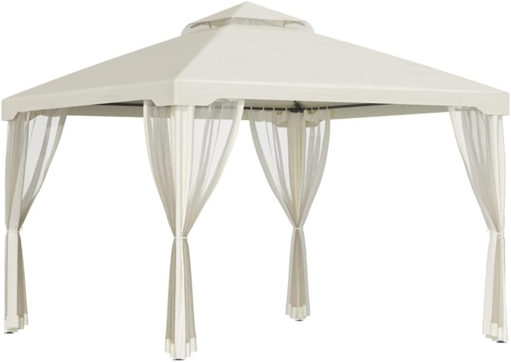 White 10' X 10' Patio Gazebo, Outdoor Canopy Shelter with 2-Tier Roof and Netting, Steel Frame, Cream