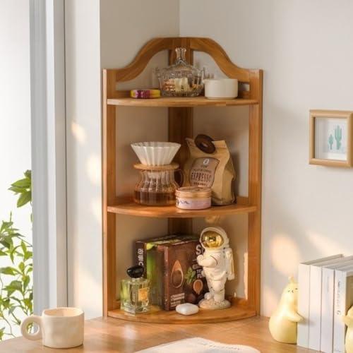 Livmorx 大容量、物置棚、コーナーキャビネット、三角形、コーヒーティーバッグカップ収納、簡単な組み立て、扇形のボード、バスルーム (3層,ウォールナット色)