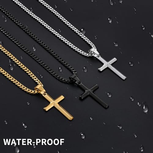 Image of Fiusem Silver Tone /Black /14K Gold Plated Cross Necklace for Men, Beveled Edge Pandent Mens Necklace, 3.5MM Stainless Steel Cuban Chain, 16-24 Inches Jewelry Gifts