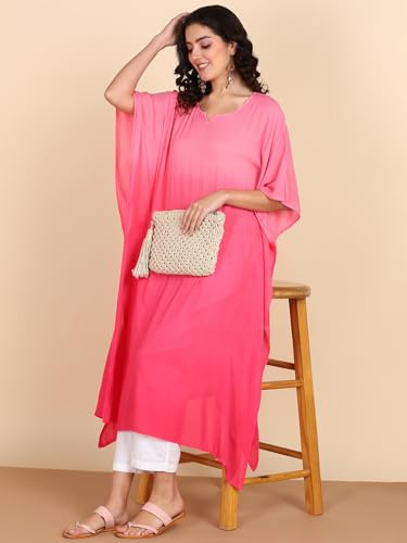 Image of Maaesa Women Pink Handcrafted Tie & Dye Rayon Crepe Kaftan Dress | Casual Wear | Flowy Kaftan Style | Lightweight & Breathable Fabric