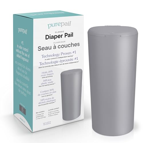 Classic Diaper Pail â€“ Slate, Blocks Odors with No Added Fragrance, Holds 20% More Diapers & Generates Less Waste, No Cutting, No Canisters, Includes 1 Pail + 2 Refill Bags + 1 Charcoal Filter