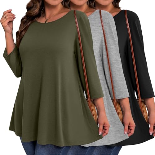 3 Pack Plus Size 3/4 Sleeve Tunics Tops for Curvy Women, Loose Fit Casual Comfy Swing Flare T-shirts for Leggings