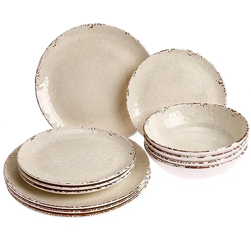 Rustic Pearl - Vajilla de melamina (12 piezas), color beige y marrón y blanco