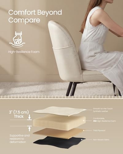 Image of VASAGLE Dining Chairs Set of 2, Upholstered Kitchen Chairs | Synthetic Leather with Stitching, Mid-Century Modern, with Storage Pocket, Cream White UKDC190WD01