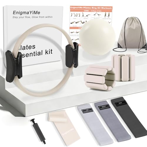 Pilates Ring Kit with Adjustable Ankle Wrist Weights, Resistance Bands, Pilates Equipment Ball for Home Workout to Tone, Sculpt and Strengthen, Fitness Magic Circle Rings for Yoga Women (Beige)