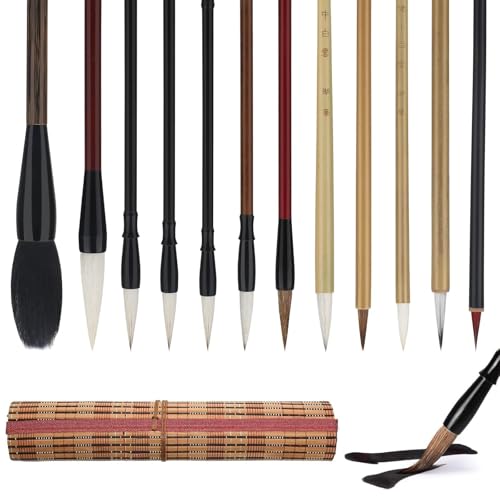 Linkstyle Chinesische Kalligraphie Pinsel, Gemischte Größe Japanische Kanji Sumi Pinsel für Anfänger Studenten, 12 Stück
