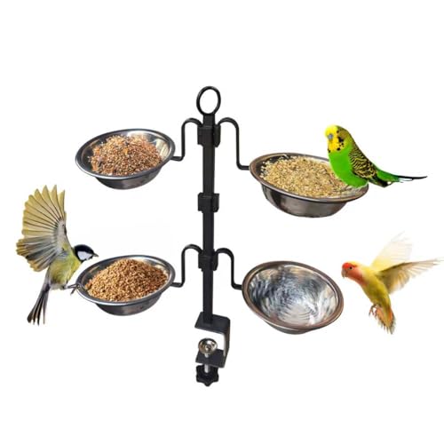 Fhryxxgy Deck Bird Feeder 3-Tier Adjustable Railing Clamp-On Feeder with Four Stainless Steel Bowls for Balcony Patio Outdoor Use