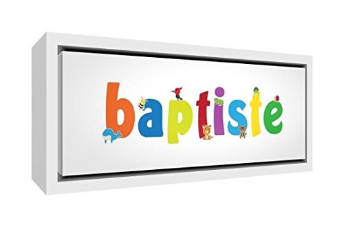Toile Baptiste cadre bois massif blanc : déco murale illustrative colorée