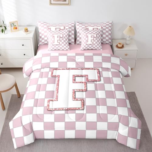 Image of Erosebridal Pink Initial F Full Bed in A Bag 7 Piece Kawaii Plaid Checkered Comforter Set with Sheets Cute Personalized Monogram Bedding Sets for Kids Girls Teen Women,Fashion Grids Gingham Bed Set