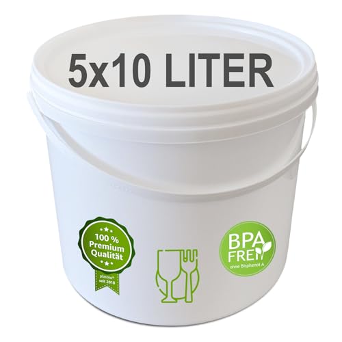 plasteo® 5 Stück 10 Liter Eimer mit Deckel weiß stabil stapelbar lebensmittelecht absolut dicht