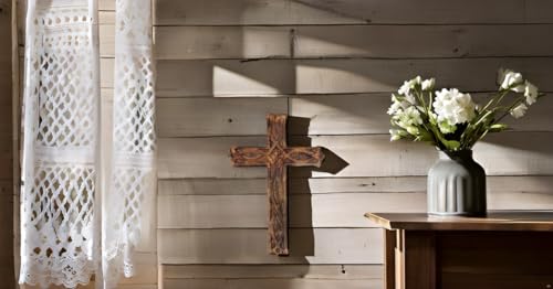 Wooden Religious Catholic Crucifix Cross Wall Hanging French Plaque Floral Carvings Living Room Home Decor Accent Church Chapel Altar Wall Art Decor Display Antiqued Rustic Finish 12 x 16 Inches