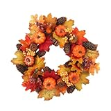 Corona festiva estacional para puerta de casa, 40 cm, decoración navideña artificial con calabazas y colgante de pino, decoración hecha a mano
