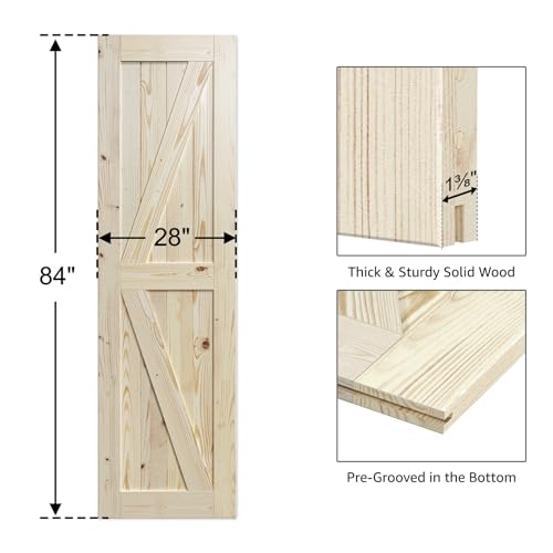 Image of SmartStandard 28in x 84in Sliding Barn Wood Door Pre-Drilled Ready to Assemble, DIY Unfinished Solid Spruce Wood Panelled Slab, Interior Single Door Only, Natural, K-Frame (Fit 4FT-5FT Rail)