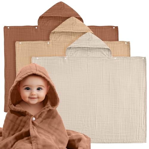 Image of Hahafelt 3 Pcs Muslin Hooded Baby Towels 30"x 40" Cotton Newborn Bath Towel Muslin Infant Baby Towels Absorbent Unisex Hooded Blankets Newborn Registry Baby Gift for Girl and Boy(Ivory Beige Coffee)