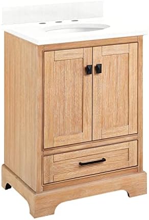 Signature Hardware 483343 Quen 24" Free Standing Single Basin Vanity Set with Cabinet, Vanity Top, and Undermount Sink - 3 Faucet Holes - Driftwood Brown/Feathered White Quartz