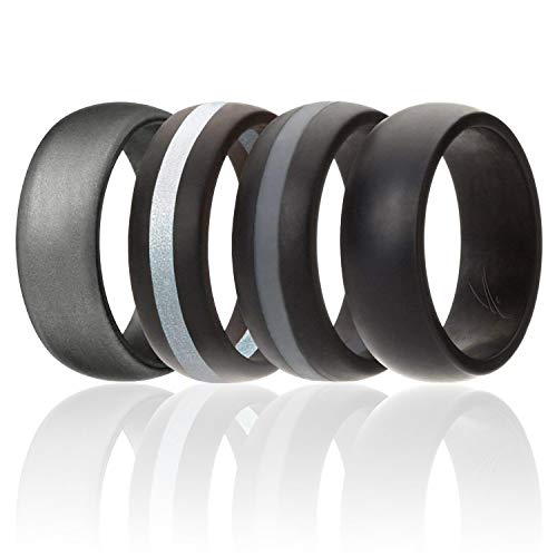 ROQ Silicone Wedding Ring for Men, Silicone Rubber Bands - Classic Style Solid & Striped - Black, Grey, Silver, Beveled Metallic Platinum, Size 11