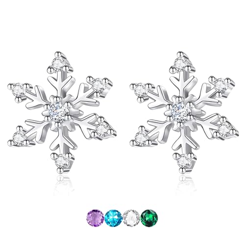 Christmas Snowflake Earrings, Silver Sparkling CZ Crystal Christmas Stud Earrings 18k White Gold Rhinestone Xmas Earring Jewellery Gifts for Women Lady Teen Girls, with Gift Card & Box, White Stone