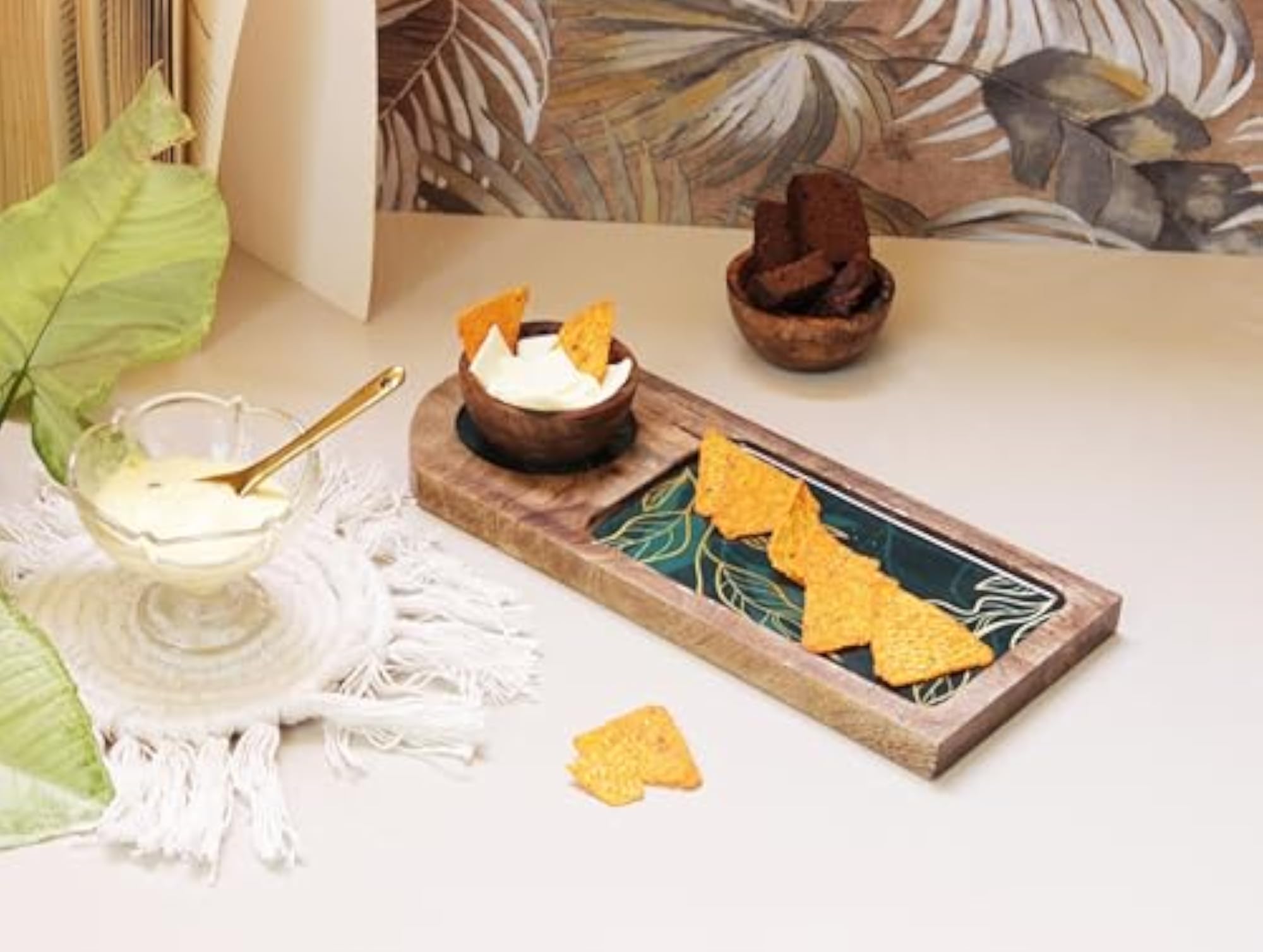 Leafy Gleam Rectangular Tray with Bowl, Serving Platter