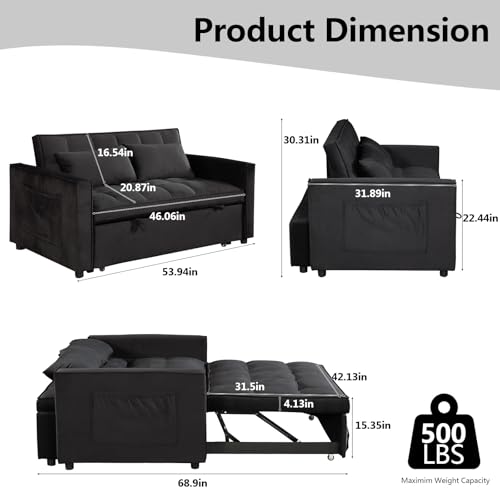 Keainvren Sleeper Sofa Velvet Pull Out Sofa Bed Convertible Sofas Couch Adjustable Backrest Loveseat Sofa Couch Side Pocket for Living Room, Office,Small Space-Black - Thumbnail 2