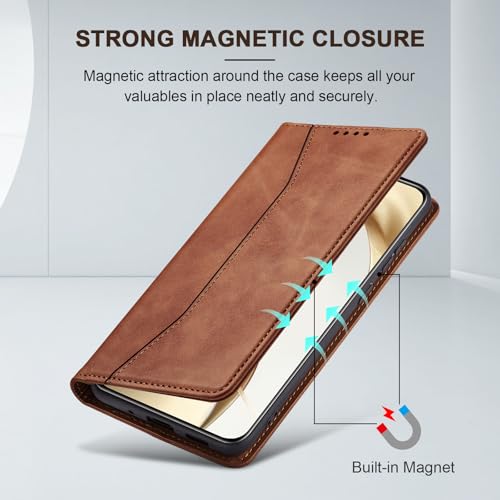 Image of Jasonyu Case for Honor 200 5G, PU Leather Wallet Case [Shockproof] [Magnetic] [Card Holder] [Stand Function] Flip Case (Brown)